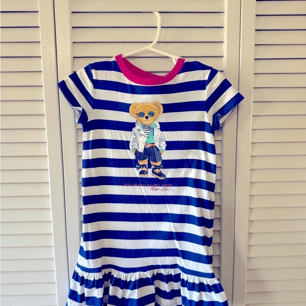 Striped Blue and White Dress with Bear Design